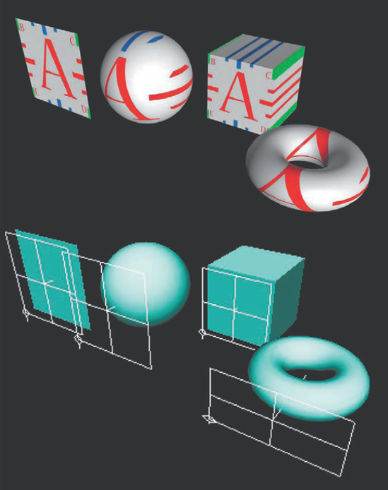 Planar projections mapped to various primitive surfaces. This scene is included on the CD as proj_plane.ma.