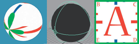 (Left) A Ball projection is applied to a sphere. (Middle) The Ball projection icon. (Right) The test bitmap. This scene is included on the CD as proj_ball.ma.