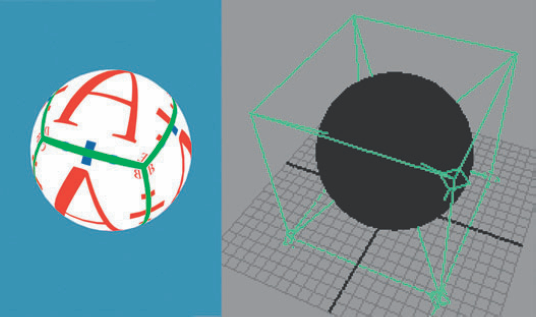 A Cubic projection applied to a sphere. This scene is included on the CD as proj_cubic.ma.