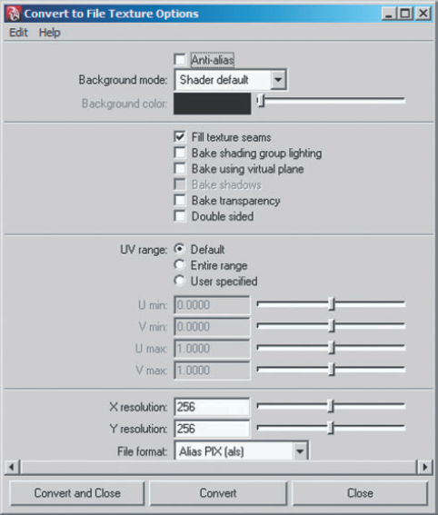 The Convert To File Texture Options window