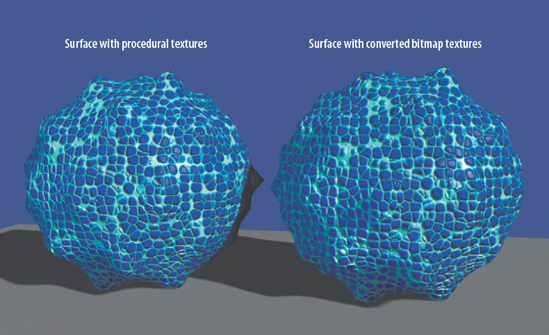 Procedurally mapped surface compared to surface with converted bitmaps. This scene is included on the CD as convert.ma.