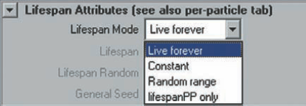 The drop-down menu of a particle shape node's Lifespan Mode attribute