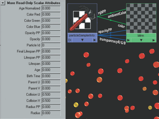 A Blobby Surface particle node receives its color, opacity, and acceleration through Array Mapper and Particle Sampler utilities. This scene is included on the CD as array_blobby.ma. A QuickTime movie is included as array_blobby.mov.