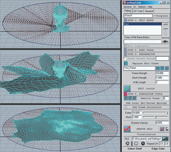 (Left) A polygon head goes through a dynamic unfolding. (Right) GUI for Pelting Tools MEL script. A QuickTime movie showing the unfolding is included on the CD as head_pelt.mov.