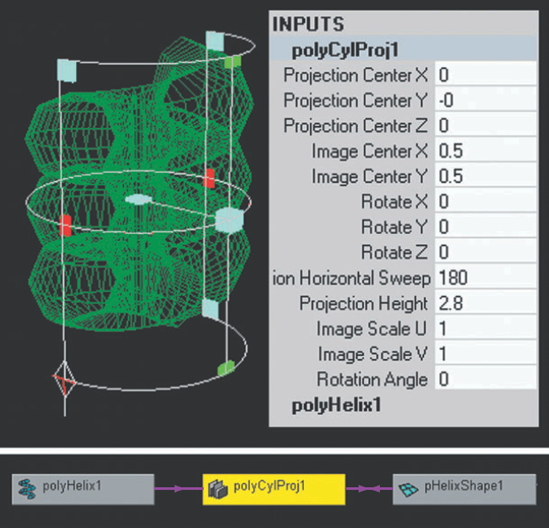 (Top left) Cylindrical Mapping projection manipulator applied to a polygon helix. (Top right) The polyCylProj1 node in the Channel Box. (Bottom) The polyCylProj1 node in the Hypergraph Connections window.