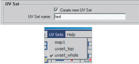 (Top) The Create New UV Set attribute within the Planar Mapping Options window. (Bottom) The UV Sets menu in the UV Texture Editor.