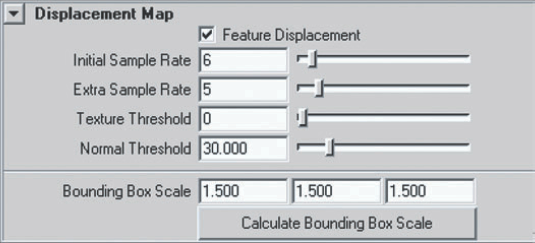 The Displacement Map section of a surface's Attribute Editor tab