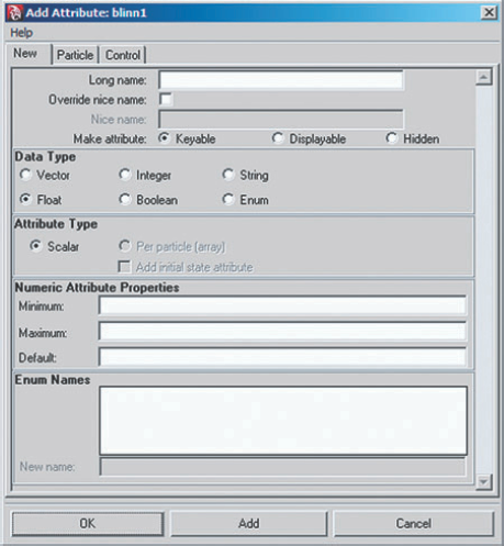 The Add Attribute window (Maya 2008)