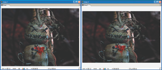 (Left) Square-pixel 720 × 540 render in After Effects. (Right) Same render fit into nonsquare 720 × 480 composite.