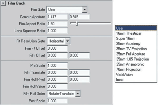 (Left) The Film Back section of a camera's Attribute Editor tab; (right) Film Gate presets