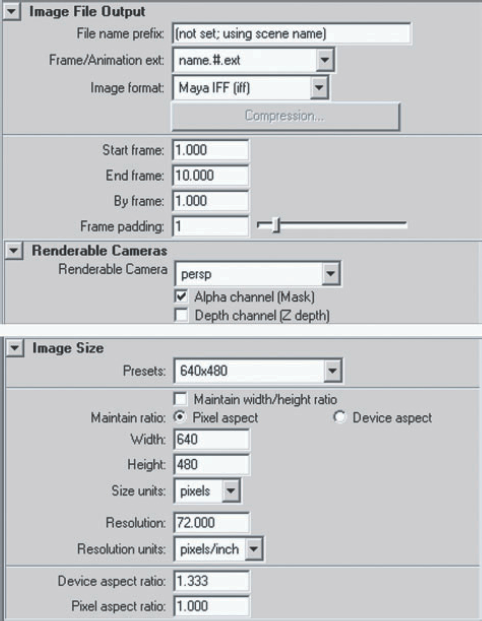 The Image File Output and Image Size sections of the Common tab in the Render Settings window