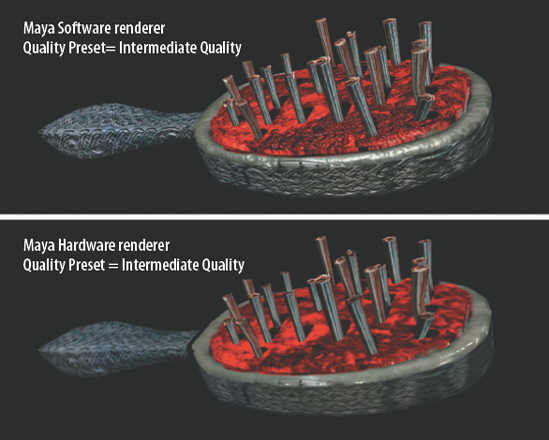 (Top) A model rendered with Maya Software. (Bottom) The same model rendered with Maya Hardware via an entry-level graphics card.