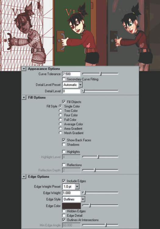 Top, Left to Right) Maya Vector renderer with Single Color and Entire Mesh, Vector with Single Color and Outlines, Vector with Four Color. (Bottom) The Maya Vector tab in the Render Settings window.