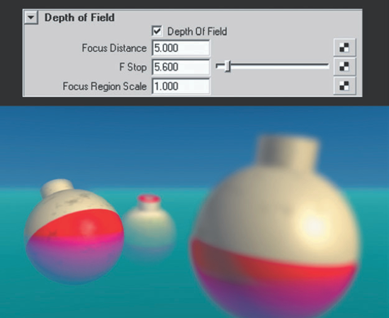 (Top) The Depth Of Field section of a camera's Attribute Editor tab. (Bottom) Depth of field in action. This scene is included on the CD as depth_of_field.ma.