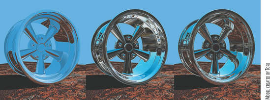 (Left) Raytraced chrome rim with the camera's Background Color set to blue. (Middle) Same rim with an environment texture mapped to the Reflected Color attribute, but without raytracing. (Right) Same rim with an environment texture and raytracing.