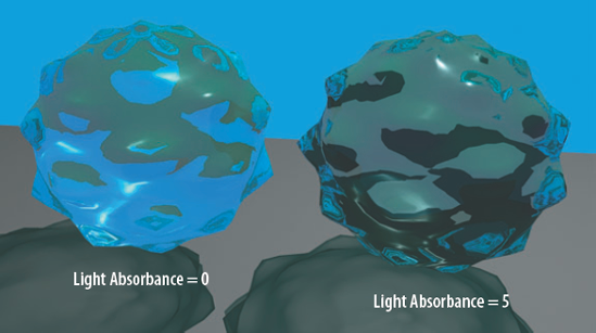 (Left) A glass material with its Light Absorbance attribute set to 0. (Right) The same material with its Light Absorbance attribute set to 5. This scene is included on the CD as absorbance.ma.