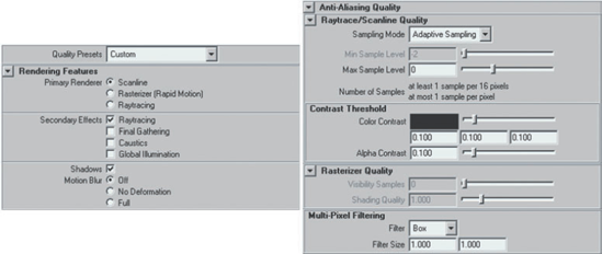 The Rendering Features section (Left) and Anti-Aliasing Quality section (Right) of the mental ray tab in the Render Settings window