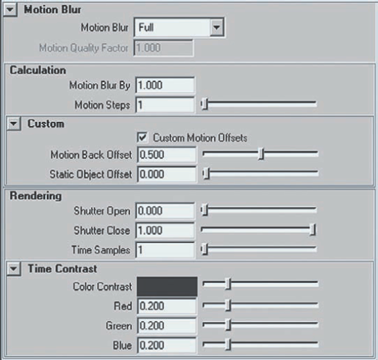 The Motion Blur section of the mental ray tab in the Render Settings window