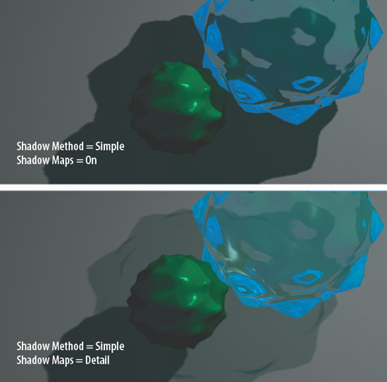 A mental ray shadow map with and without the Detail option. This scene is included on the CD as mental_detail.ma.