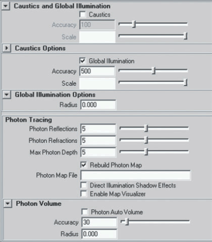 The Caustics And Global Illumination section of the mental ray tab in the Render Settings window