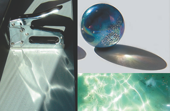 Metal, glass, and water produce caustics.