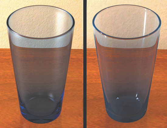 (Left) The water glass assigned to a Dielectric_material shader. (Right) The same glass assigned to an Anisotropic material. The left scene is included on the CD as dielectric_glass.ma.