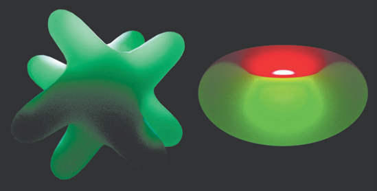 (Left) Due to a small Back SSS Depth value, only a portion of a polygon shape receives scattered light. This scene is included on the CD as misss_shape.ma. (Right) Front SSS Color, set to red, and Back SSS Color, set to green, tints a torus. This scene is included on the CD as misss_torus.ma.