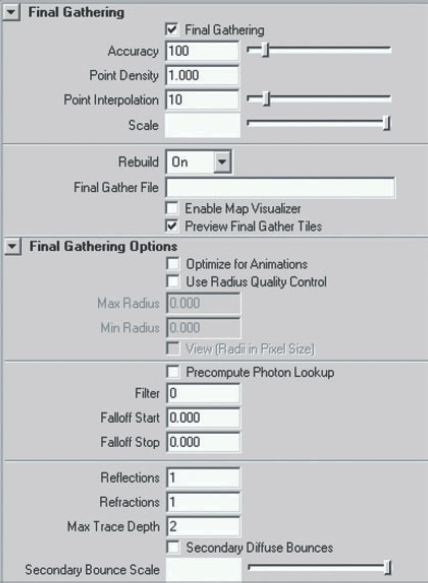 The Final Gathering section of the mental ray tab in the Render Settings window