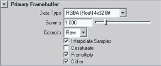 The Primary Framebuffer subsection of the mental ray tab in the Render Settings window