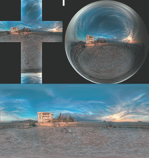 (Top left) Vertical cubic cross HDR image. (Top right) Light probe HDR image. (Bottom) Latitude/longitude HDR image.