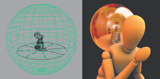 (Left) A polygon sphere, assigned to a Blinn with an LDR image, surrounds the mannequin. (Right) The resulting Final Gather render. The Primary Visibility attribute for the sphere is unchecked.This scene is included on the CD as man_ldr.ma.