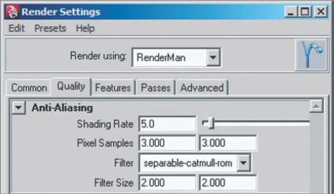 RenderMan attribute tabs in the Rendering Settings window