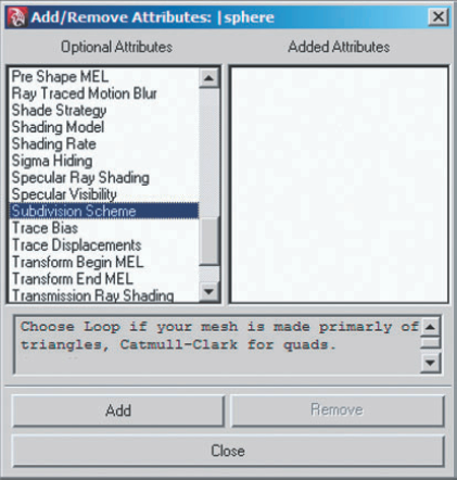 The RenderMan Add/Remove Attributes window