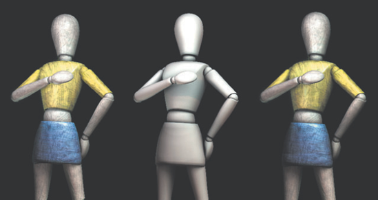 (Left) Diffuse preset. (Middle) Occlusion preset. (Right) Occlusion preset render blended over Diffuse preset render in a compositing program. Note the slight darkening of the joints.