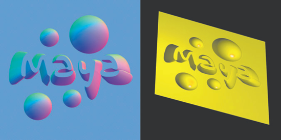 (Left) Normal map created with the Normal Map preset. The scene in which the preset is applied is included on the CD as normal_preset.ma. (Right) Normal map mapped to a Bump 2D utility. This scene is included on the CD as normal_relief.ma.