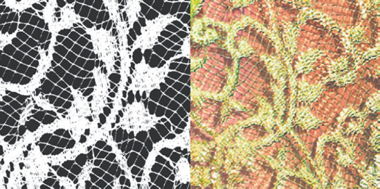 (Left) Detail of lace Transparency bitmap. (Right) Detail of lace in final illustration.