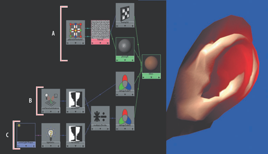 A skin material receives simulated translucence from a custom shading network.