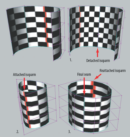 The creation of a closed surface with the Attach Surfaces and Detach Surfaces tools. This scene, with each of the steps, is included as attach_detach.ma on the CD in the Additional_Techniques scene folder.