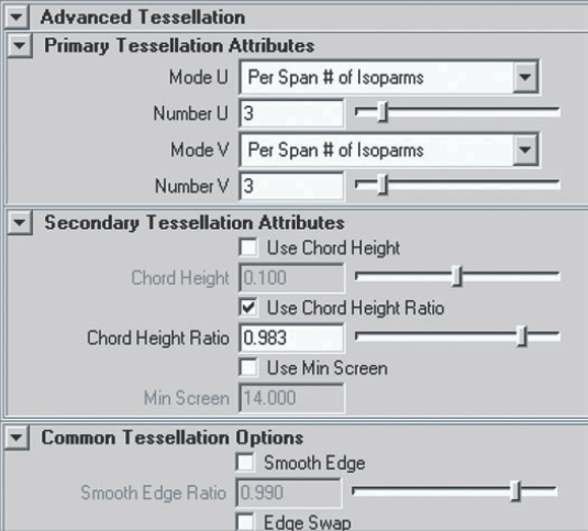 The Primary, Secondary, and Common Tessellation sections of a NURBS surface's shape node Attribute Editor tab