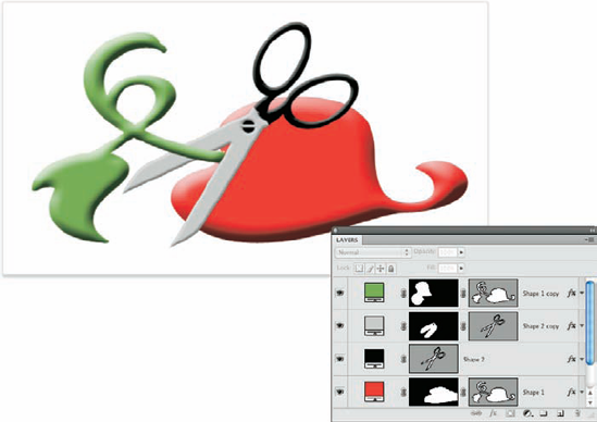 Layer masks and vector masks work together to determine layer visibility.