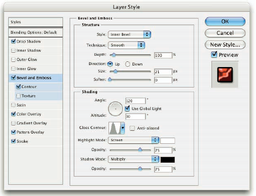 The Layer Style dialog box has separate options for each layer effect.