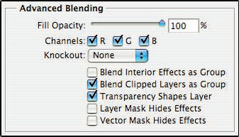 You find Advanced Blending options on the Blending Options pane of the Layer Style dialog box.
