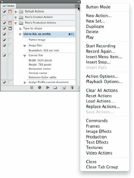 The Actions panel menu includes sets of Actions you can load into the panel.
