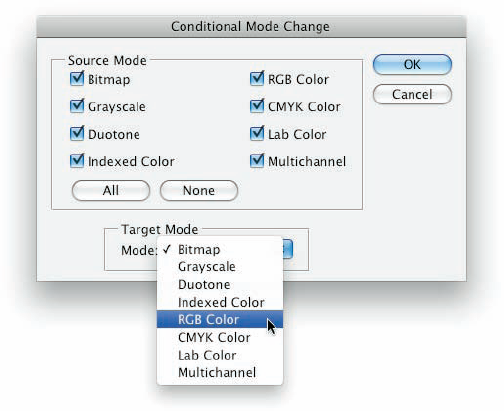 Conditional Mode Change converts every image to the target color mode.