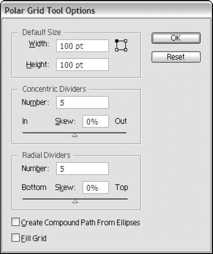 Use the Polar Grid Tool Options dialog box to adjust the settings for your polar grid object.