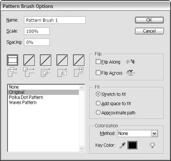 The Pattern Brush Options dialog box allows you to create some very interesting brushes.