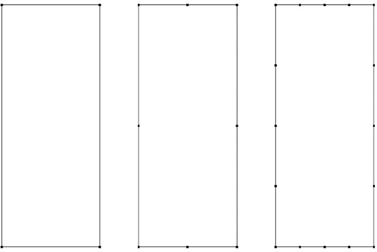 Using the Add Anchor Points command doubles the number of anchor points, distributing new points midway between existing points. The original object (left) has four anchor points. Applying Add Anchor Points to it once (middle) results in eight anchor points. Applying Add Anchor Points a second time results in 16 anchor points (right).