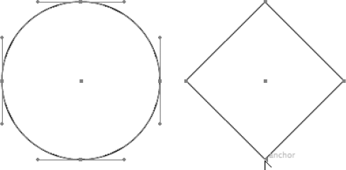 Convert the circle (left) to a diamond (right) by clicking each anchor point with the Convert Anchor Point tool.