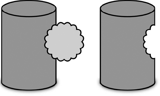 The objects on the left before using Subtract from shape area and on the right after using Subtract from shape area