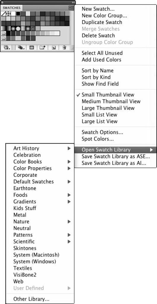 The Open Swatch Library submenu allows you to choose different swatch libraries.
